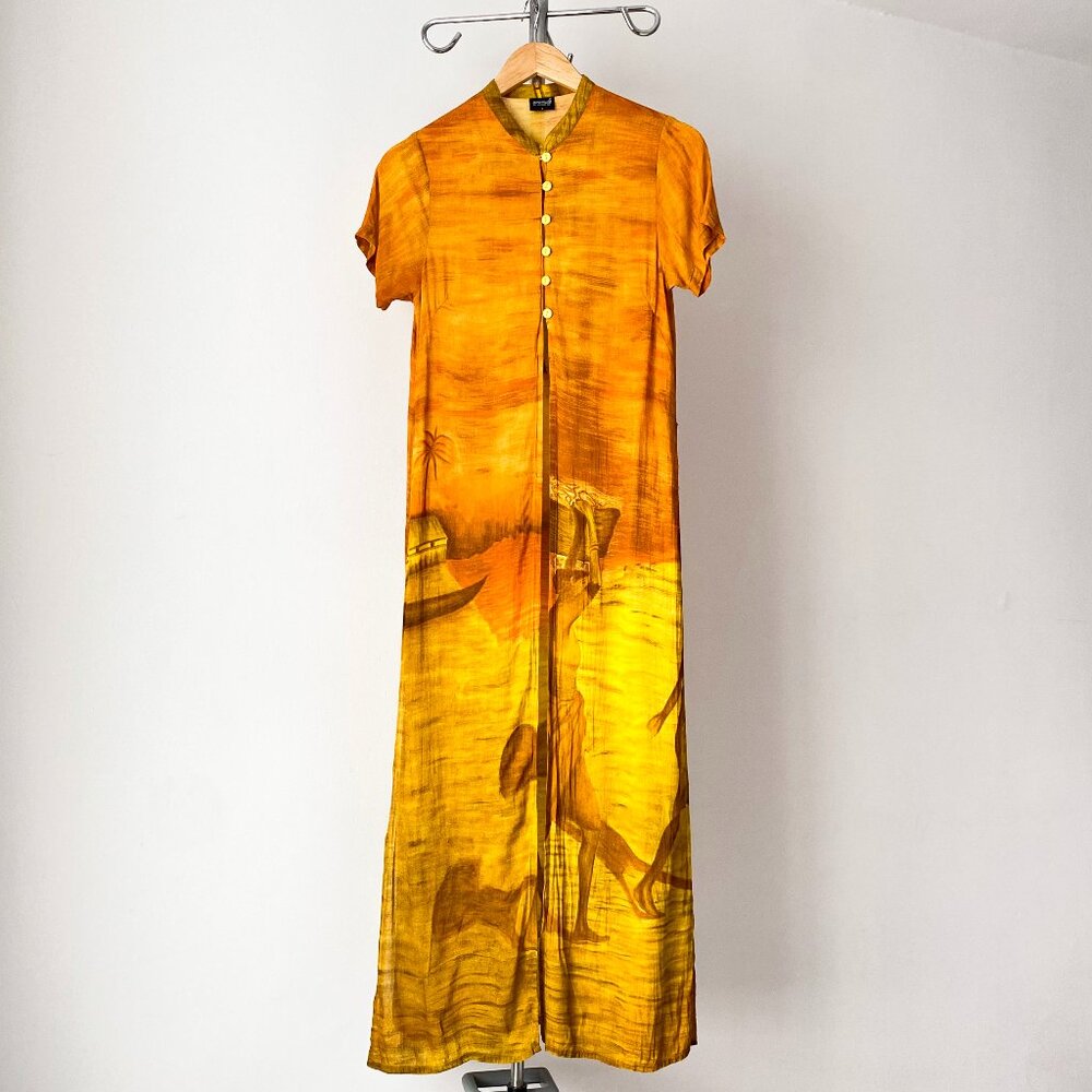 🌿Yellow & Orange Oriental Short Sleeves Maxi Cover Up by Animal by Jacques Ruc